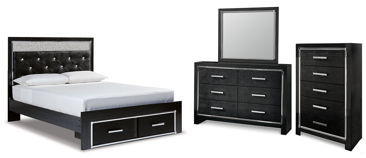 Kaydell Queen Upholstered Panel Storage Bed with Mirrored Dresser and Chest Royal Furniture