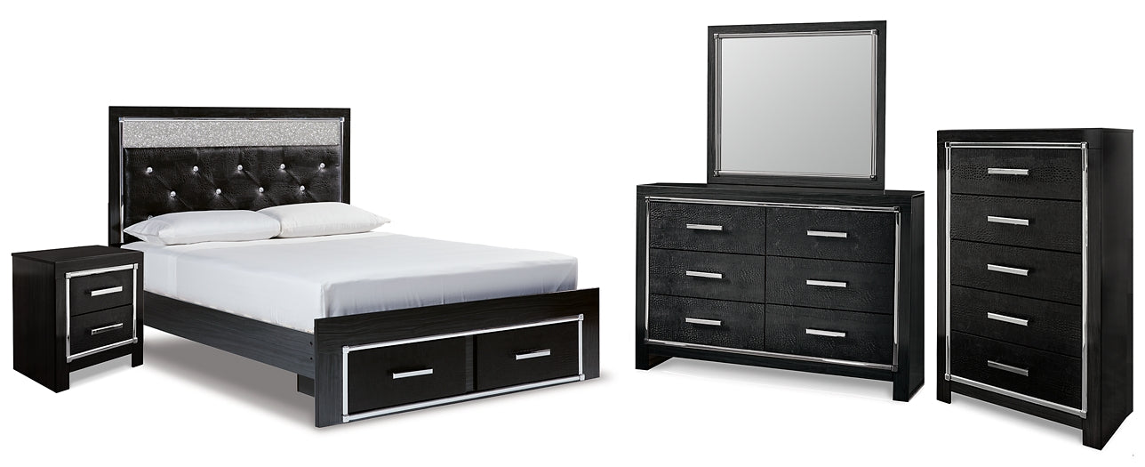 Kaydell Queen Upholstered Panel Storage Platform Bed with Mirrored Dresser, Chest and Nightstand Royal Furniture