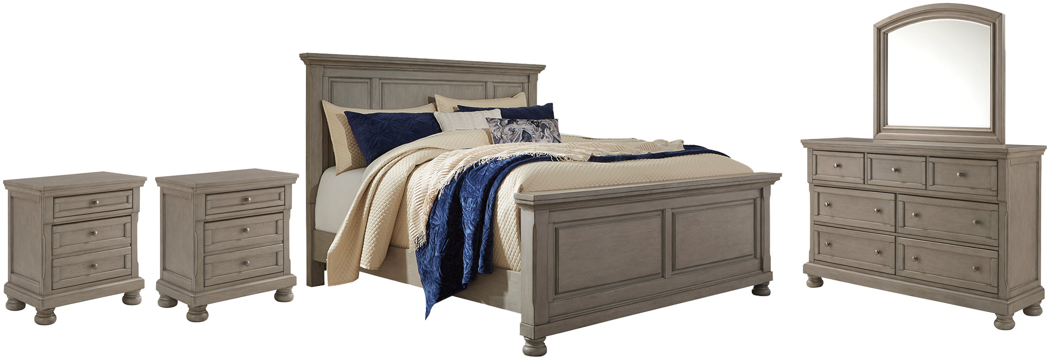 Lettner California King Panel Bed with Mirrored Dresser and 2 Nightstands Royal Furniture