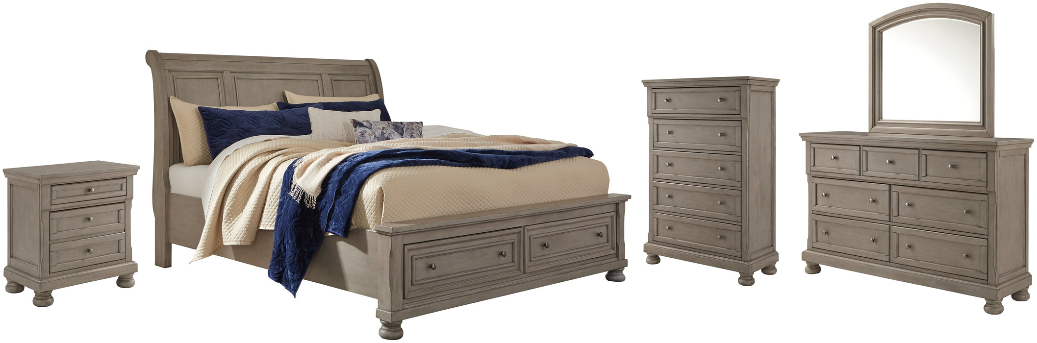 Lettner California King Sleigh Bed with Mirrored Dresser, Chest and Nightstand Royal Furniture