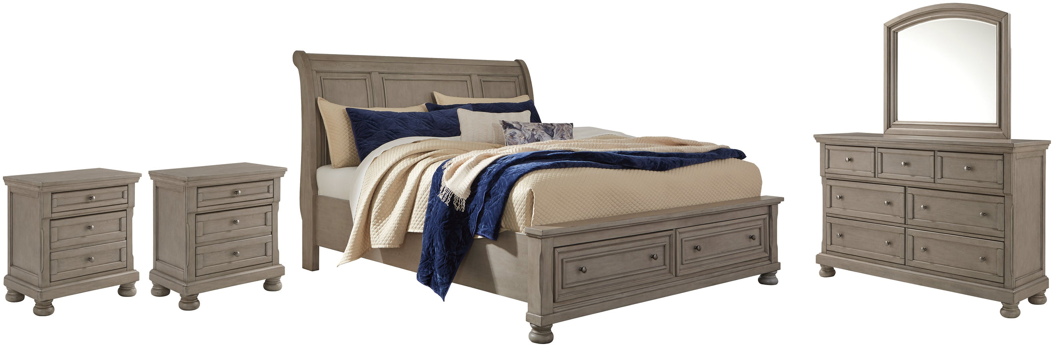 Lettner California King Sleigh Bed with Mirrored Dresser and 2 Nightstands Royal Furniture