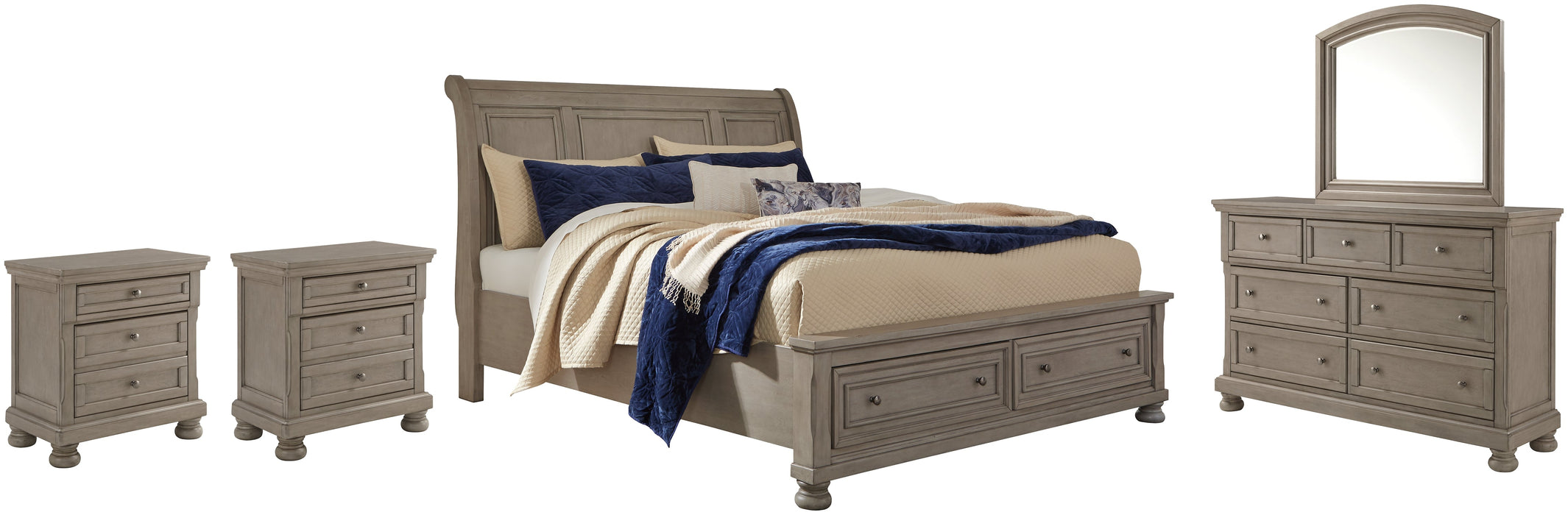 Lettner King Sleigh Bed with 2 Storage Drawers with Mirrored Dresser and 2 Nightstands Royal Furniture