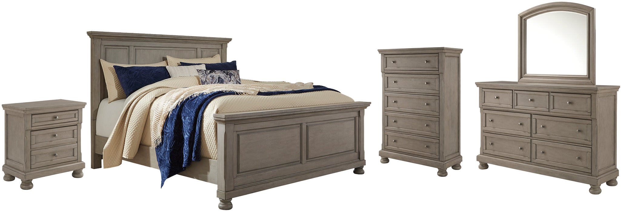 Lettner Queen Panel Bed with Mirrored Dresser, Chest and Nightstand Royal Furniture