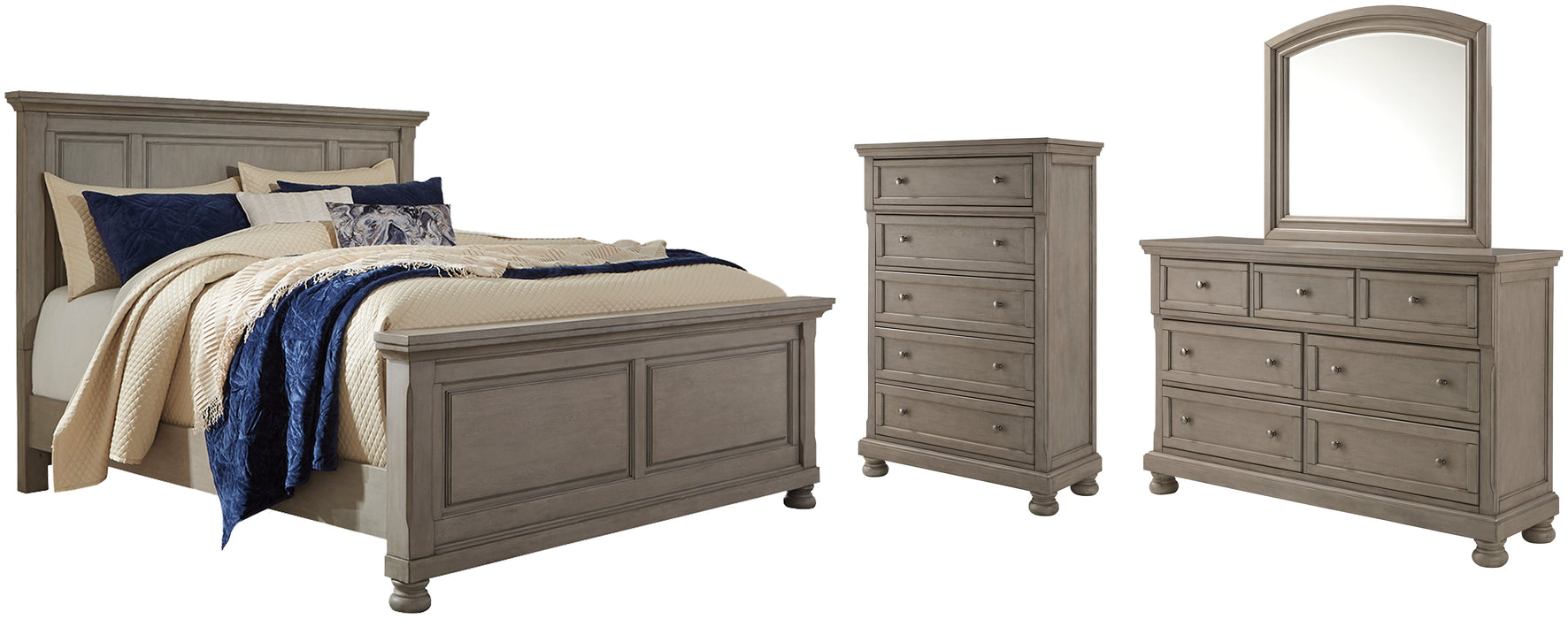 Lettner Queen Panel Bed with Mirrored Dresser and 2 Nightstands Royal Furniture