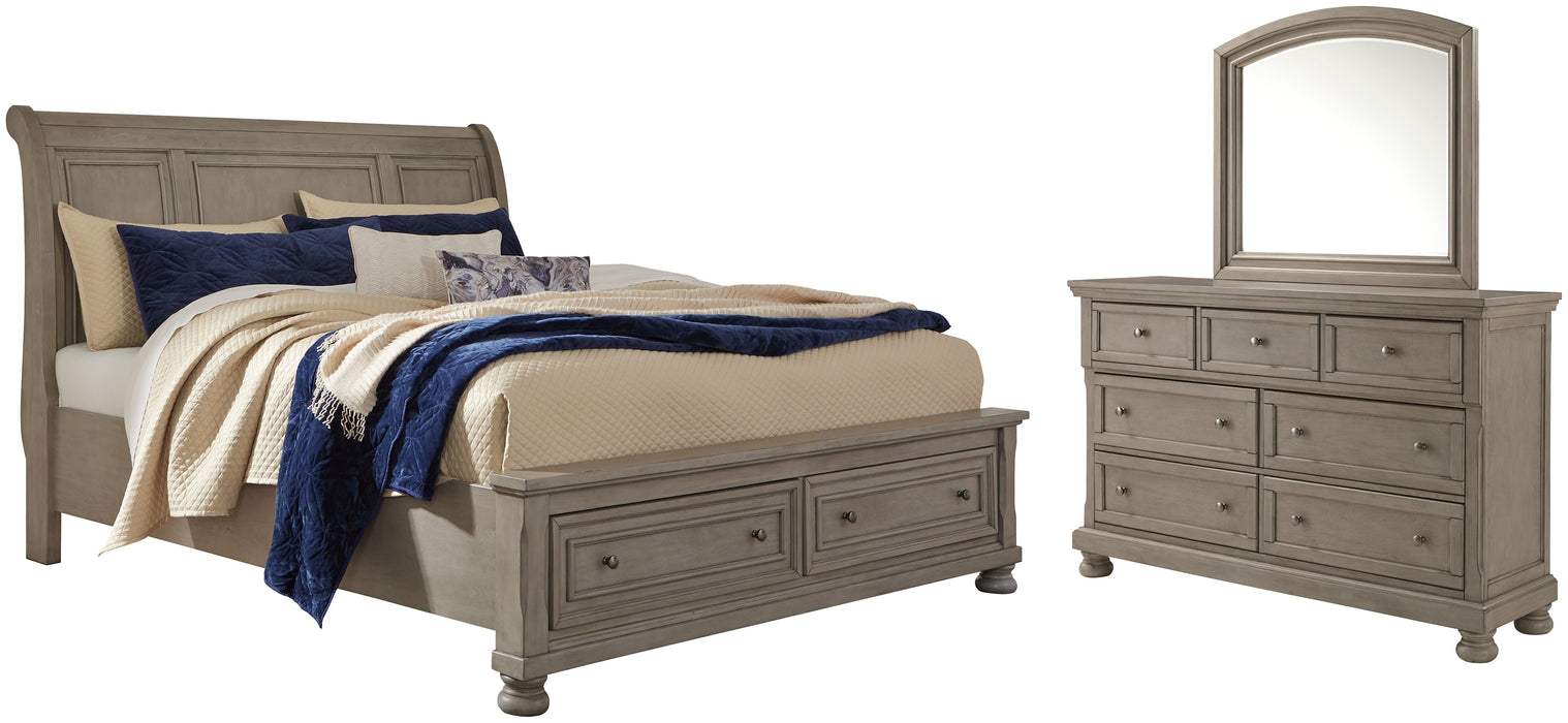 Lettner Queen Sleigh Bed with 2 Storage Drawers with Mirrored Dresser Royal Furniture