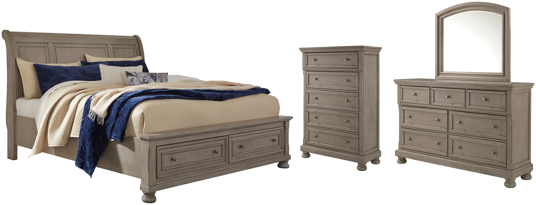 Lettner Queen Sleigh Bed with 2 Storage Drawers with Mirrored Dresser and Chest Royal Furniture