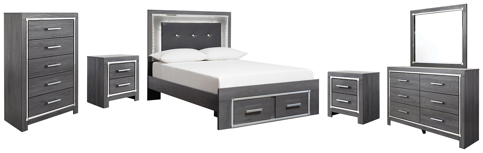 Lodanna Full Panel Bed with 2 Storage Drawers with Mirrored Dresser, Chest and 2 Nightstands Royal Furniture