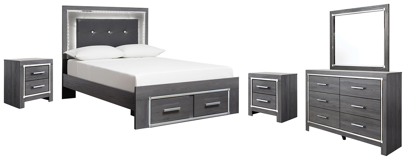 Lodanna Full Panel Bed with 2 Storage Drawers with Mirrored Dresser and 2 Nightstands Royal Furniture