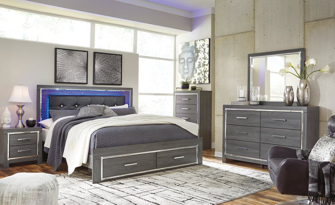 Lodanna King Panel Bed with 2 Storage Drawers with Mirrored Dresser, Chest and Nightstand Royal Furniture