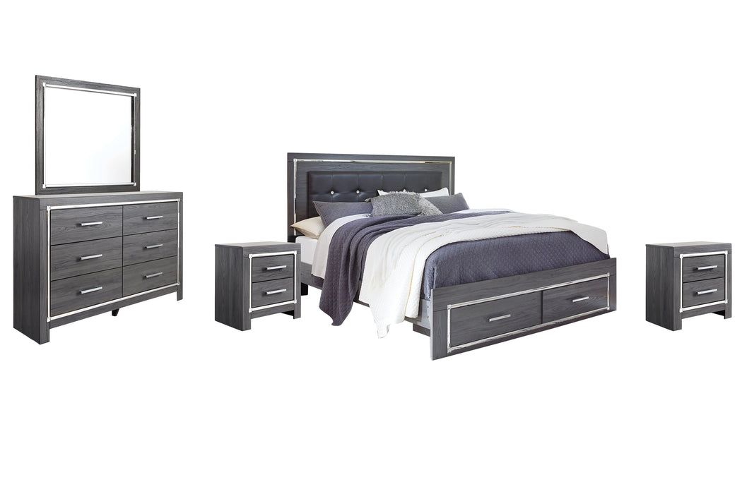 Lodanna King Panel Bed with 2 Storage Drawers with Mirrored Dresser and 2 Nightstands Royal Furniture