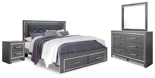 Lodanna King Panel Bed with 2 Storage Drawers with Mirrored Dresser and Nightstand Royal Furniture