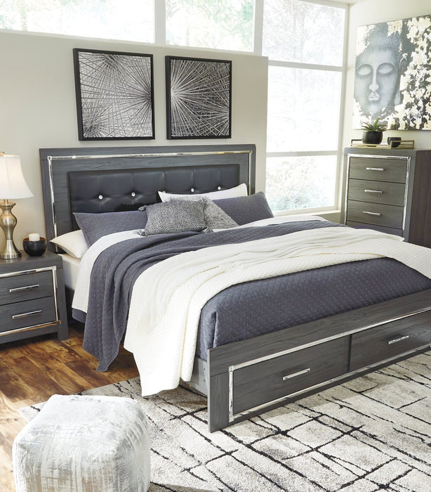 Lodanna King Panel Bed with 2 Storage Drawers with Mirrored Dresser and Nightstand Royal Furniture