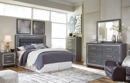 Lodanna Queen/Full Upholstered Panel Headboard with Mirrored Dresser, Chest and 2 Nightstands Royal Furniture