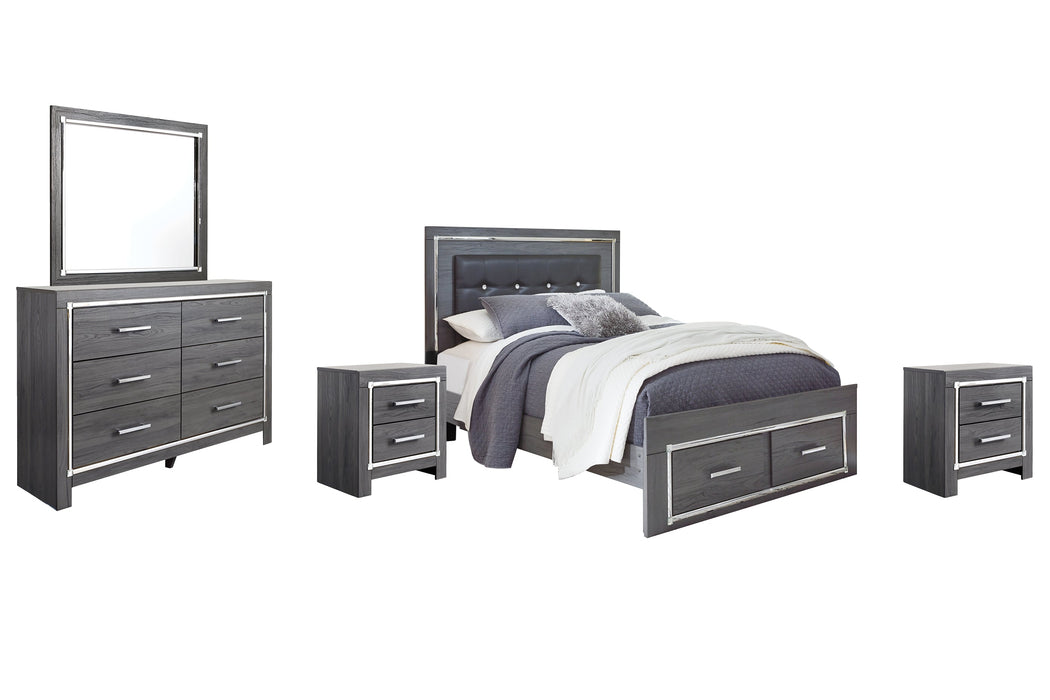 Lodanna Queen Panel Bed with 2 Storage Drawers with Mirrored Dresser and 2 Nightstands Royal Furniture