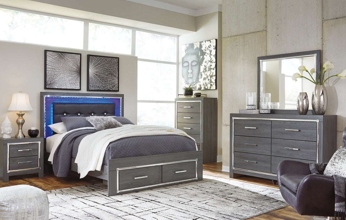 Lodanna Queen Panel Bed with 2 Storage Drawers with Mirrored Dresser and 2 Nightstands Royal Furniture